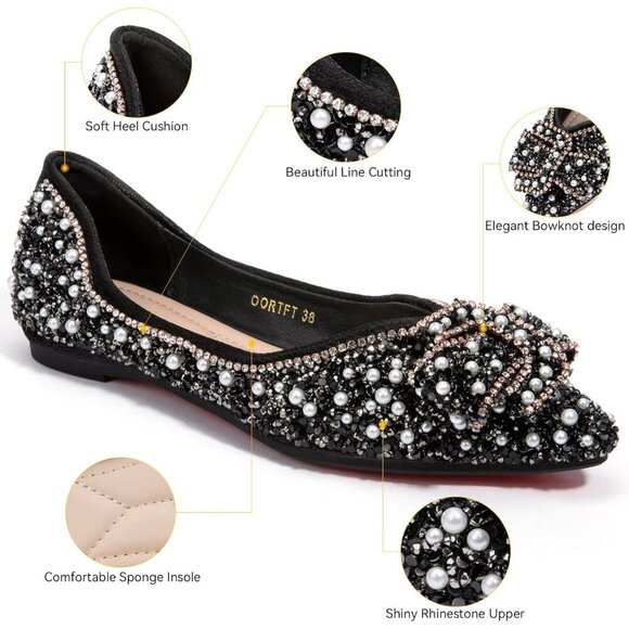 🆕Women Silver Rhinestone Flats Bowknot Pointed Toe Dark Suede Ballet Shoe - Picture 3 of 7